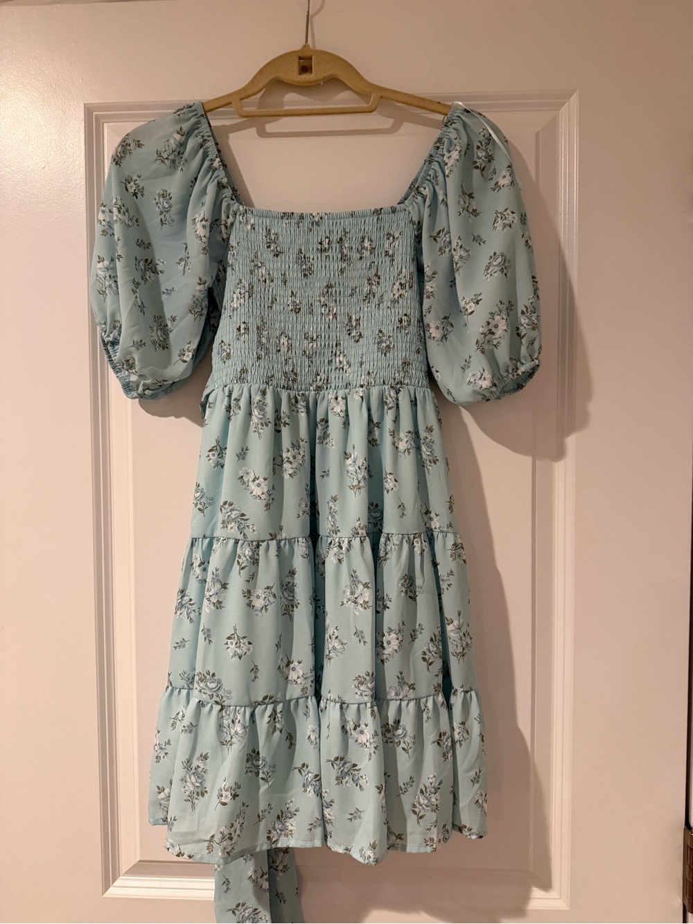 Altar'd State Mint Blue Floral Smocked Puff-Sleeve Tiered Dress